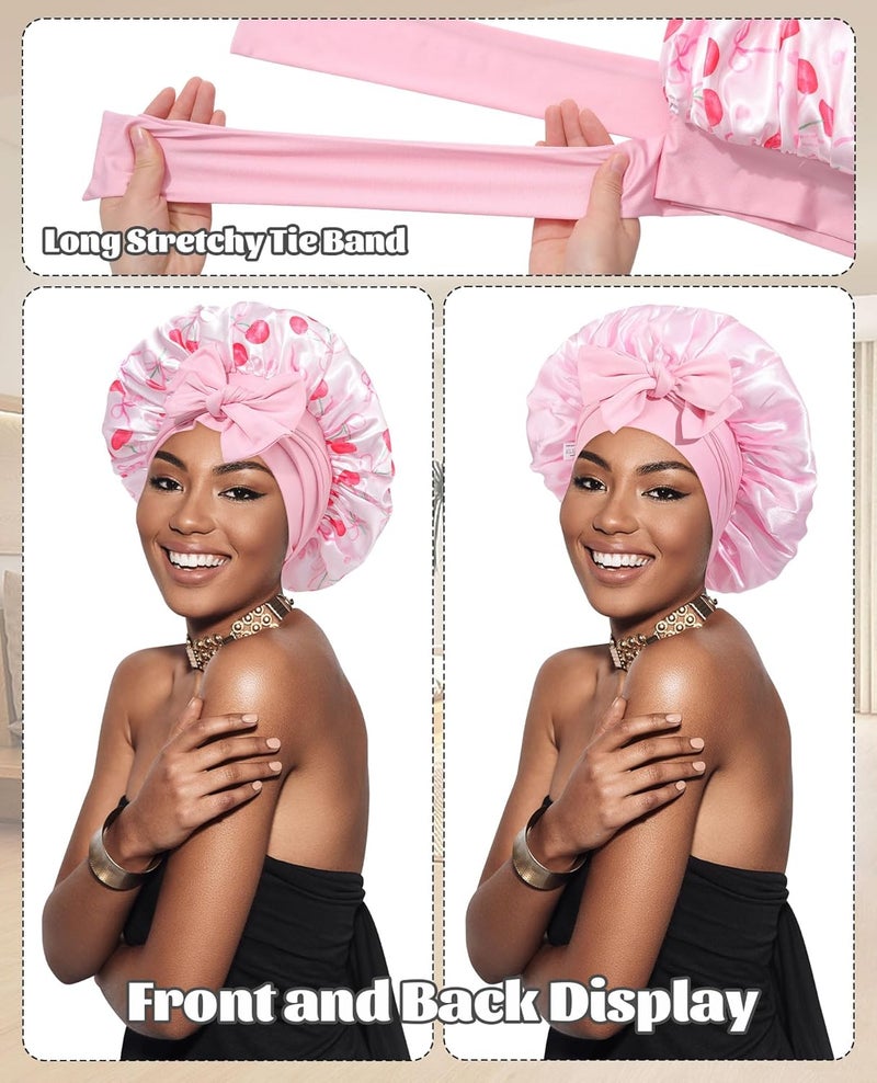 CHLINS Satin Bonnet Silk Bonnet for Sleeping Silk Sleep Cap Double Layer Hair Bonnet with Elastic Tie Band for Curly Hair Night Cap - Image 2